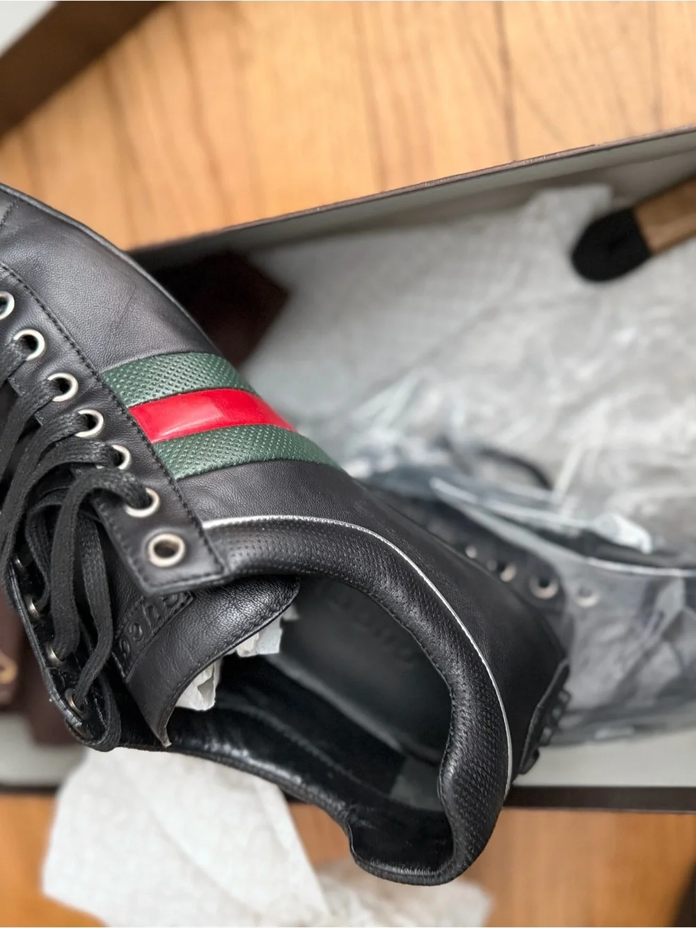 Gucci Black Leather Sneakers with Green and Red Web Stripe
